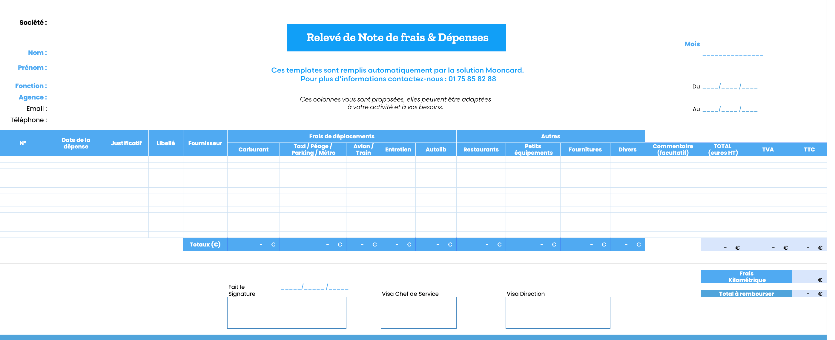 Modèle note de frais kilométrique gratuit excel 2024 Mooncard